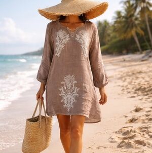 Monoreno Linen Embroidered Beach Cover Up Dress M